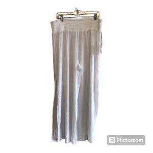 Kona Sol Women's White Smocked Waist Side Slit Gauzy Cover Up Pants Size XL 16
